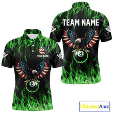 Load image into Gallery viewer, Green Flaming American Flag Eagle 8 Ball Billiard Shirt For Men Custom Patriotic Pool Team Jersey TDM5589