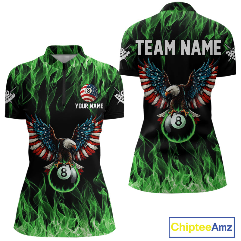 Green Flaming American Flag Eagle 8 Ball Billiard Shirt For Women Custom Patriotic Pool Team Jersey TDM5589