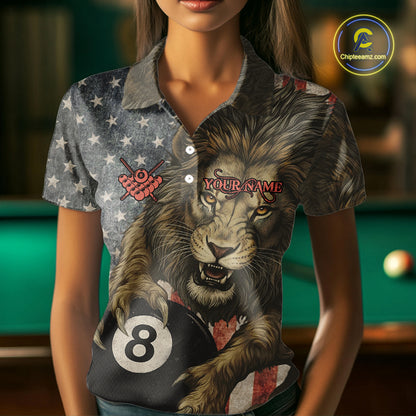 Personalized Vintage American Flag Lion Billiard Shirt For Women, 8 Ball Pool Billiard Team Jerseys TDM5591