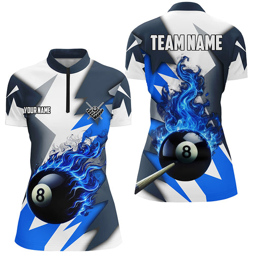 Custom Blue Flaming 8 Ball Pool Jerseys Women Quarter-Zip Shirt, Team League Billiard Shirts TDM1007