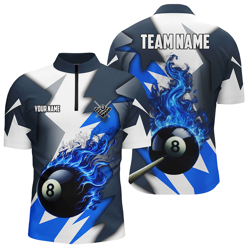 Custom Blue Flaming 8 Ball Pool Jerseys Men Quarter-Zip Shirt, Team League Billiard Shirts TDM1007