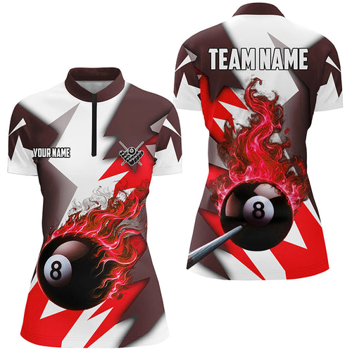 Custom Red Flaming 8 Ball Pool Jerseys Women Quarter-Zip Shirts, Team League Billiard Shirts TDM1008