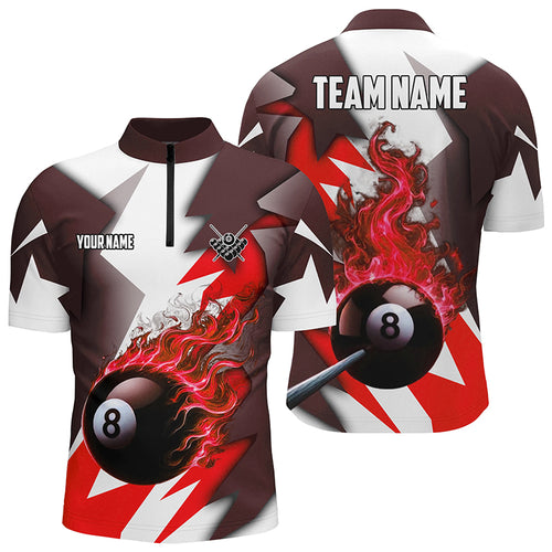 Custom Red Flaming 8 Ball Pool Jerseys Men Quarter-Zip Shirts, Team League Billiard Shirts TDM1008