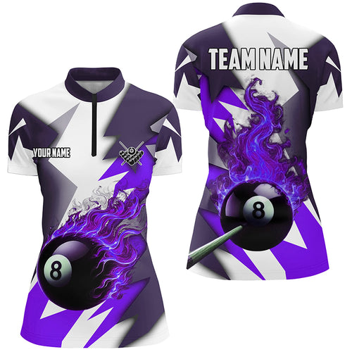 Custom Purple Flaming 8 Ball Pool Jersey Women Quarter-Zip Shirt Team League Billiard Shirts TDM1009