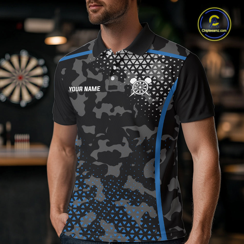 Black And Blue Camo Dart Shirt With Pocket Option For Men Custom Dart Jersey TDM5828