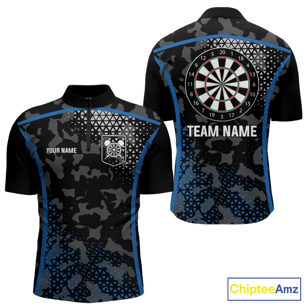 Black And Blue Camo Dart Shirt With Pocket Option For Men Custom Dart Jersey TDM5828