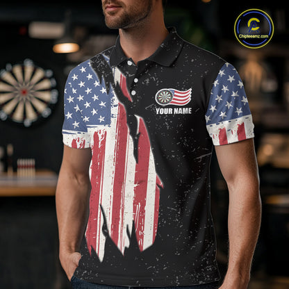 Personalized Grunge US Flag Eagle Darts Shirt For Men, Patriotic Darts Team Jersey Polo & 1/4 Zip TDM5831