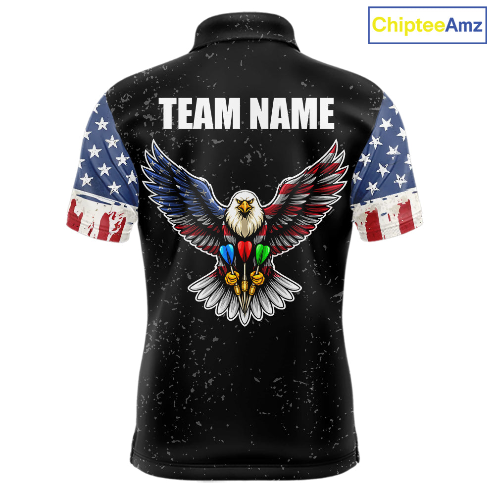 Personalized Grunge US Flag Eagle Darts Shirt For Men, Patriotic Darts Team Jersey Polo & 1/4 Zip TDM5831