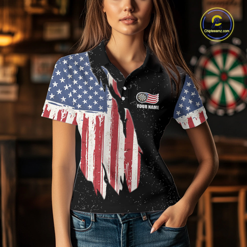 Personalized Grunge US Flag Eagle Darts Shirt For Women, Patriotic Darts Team Jersey Polo & 1/4 Zip TDM5831
