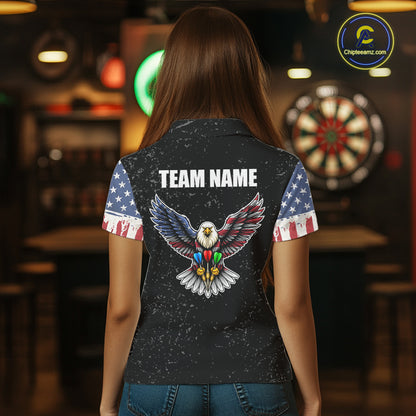 Personalized Grunge US Flag Eagle Darts Shirt For Women, Patriotic Darts Team Jersey Polo & 1/4 Zip TDM5831
