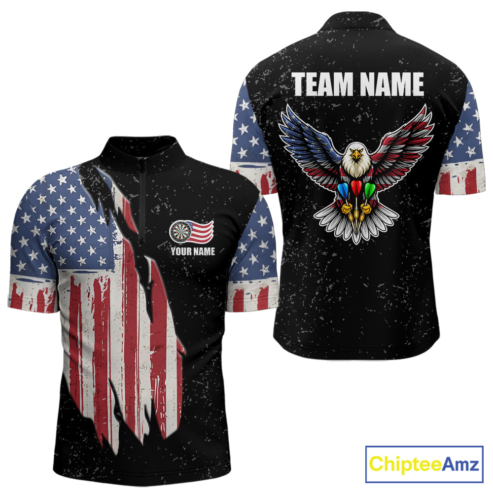 Personalized Grunge US Flag Eagle Darts Shirt For Men, Patriotic Darts Team Jersey Polo & 1/4 Zip TDM5831