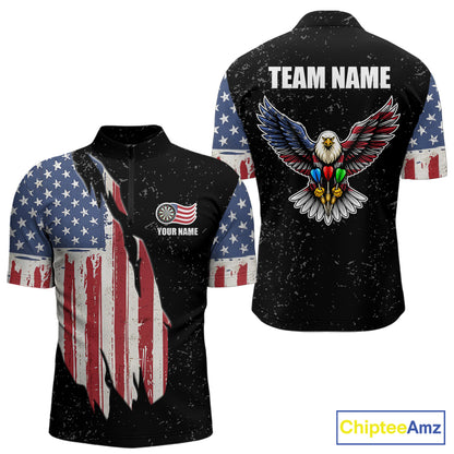 Personalized Grunge US Flag Eagle Darts Shirt For Men, Patriotic Darts Team Jersey Polo & 1/4 Zip TDM5831