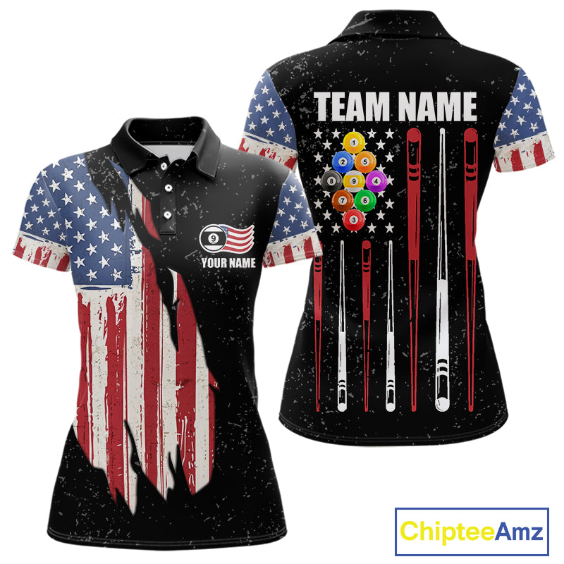 Personalized Grunge American Flag Women's Billiard Shirt Custom 9 Ball Pool Billiard Team Jersey TDM5832