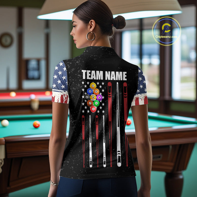 Personalized Grunge American Flag Women's Billiard Shirt Custom 9 Ball Pool Billiard Team Jersey TDM5832