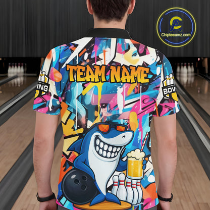 Funny Shark Colorful Graffiti Bowling Shirts For Men, Best Bowling Team Jersey Polo & 1/4 Zip TDM6208