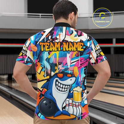 Funny Shark Colorful Graffiti Bowling Shirts For Men, Best Bowling Team Jersey Polo & 1/4 Zip TDM6208