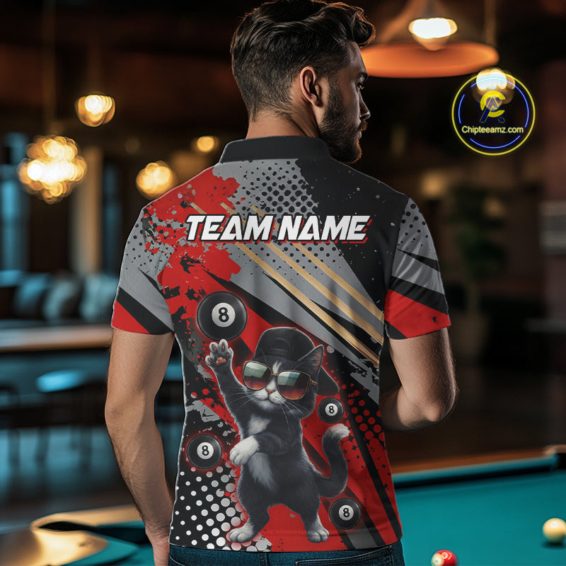 Custom Red Funny Cat Billiard Shirt For Men, Personalized 8 Ball Pool Team Jersey Polo & 1/4 Zip TDM6441
