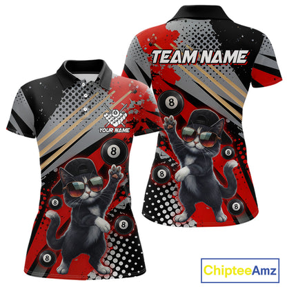 Custom Red Funny Cat Billiard Shirt For Women, Personalized 8 Ball Pool Team Jersey Polo & 1/4 Zip TDM6441