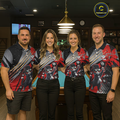 Custom Red Funny Cat Billiard Shirt For Men, Personalized 8 Ball Pool Team Jersey Polo & 1/4 Zip TDM6441
