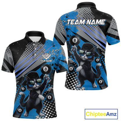 Custom Blue Funny Cat Billiard Shirt For Men, Personalized 8 Ball Pool Team Jersey Polo & 1/4 Zip TDM6442