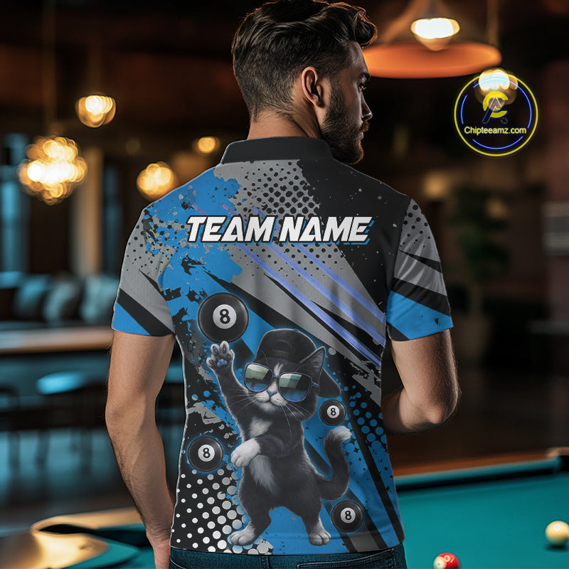 Custom Blue Funny Cat Billiard Shirt For Men, Personalized 8 Ball Pool Team Jersey Polo & 1/4 Zip TDM6442