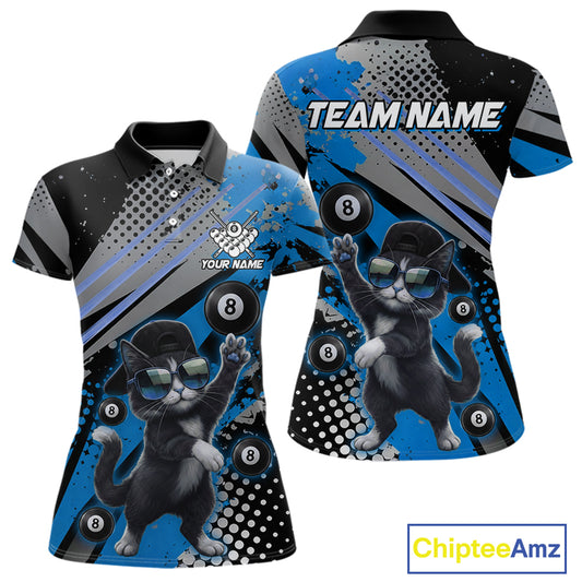 Custom Blue Funny Cat Billiard Shirt For Women, Personalized 8 Ball Pool Team Jersey Polo & 1/4 Zip TDM6442