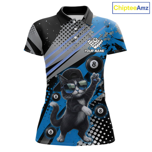 Custom Blue Funny Cat Billiard Shirt For Women, Personalized 8 Ball Pool Team Jersey Polo & 1/4 Zip TDM6442