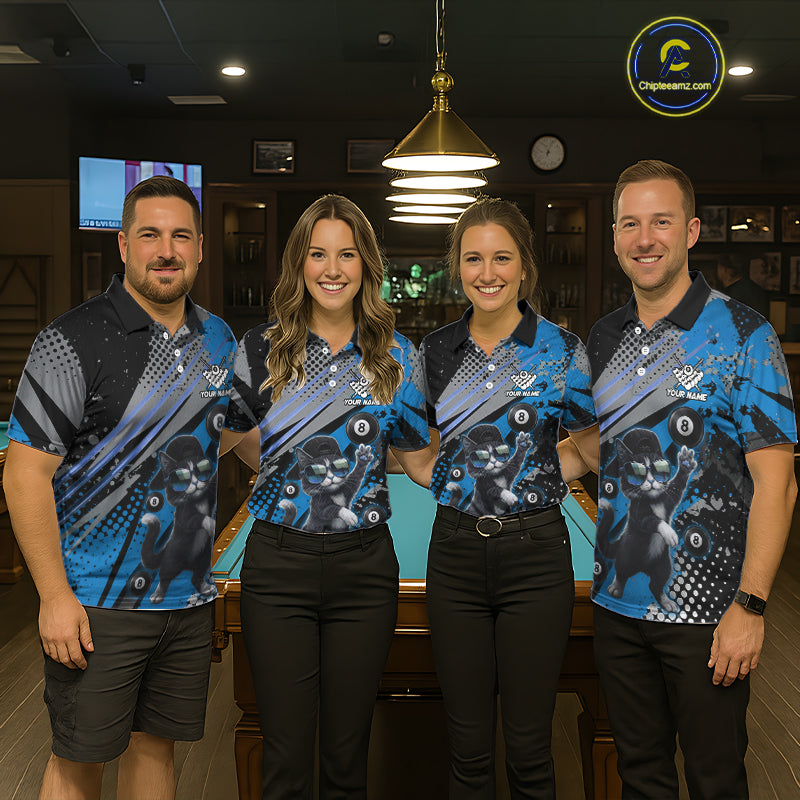 Custom Blue Funny Cat Billiard Shirt For Men, Personalized 8 Ball Pool Team Jersey Polo & 1/4 Zip TDM6442