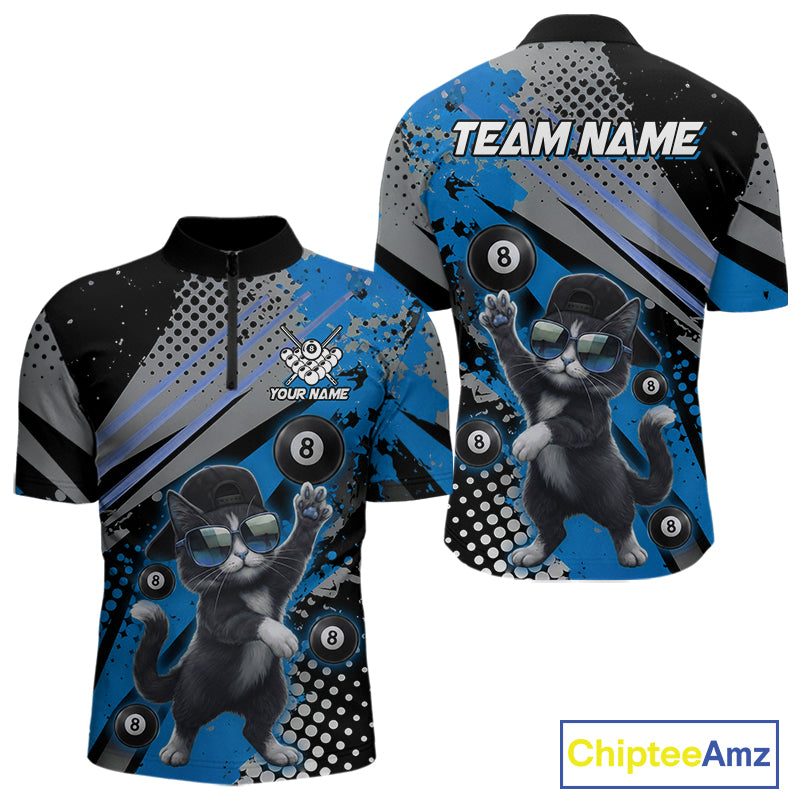 Custom Blue Funny Cat Billiard Shirt For Men, Personalized 8 Ball Pool Team Jersey Polo & 1/4 Zip TDM6442