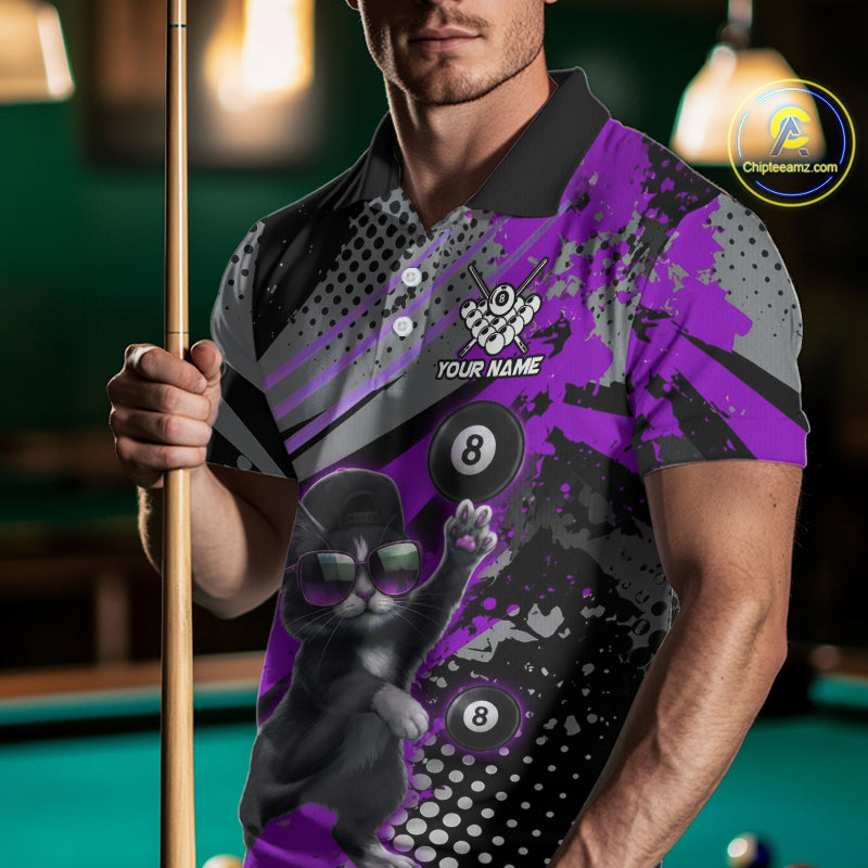 Custom Purple Funny Cat Billiard Shirt For Men, Personalized 8 Ball Pool Team Jersey Polo & 1/4 Zip TDM6443