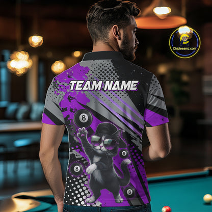Custom Purple Funny Cat Billiard Shirt For Men, Personalized 8 Ball Pool Team Jersey Polo & 1/4 Zip TDM6443