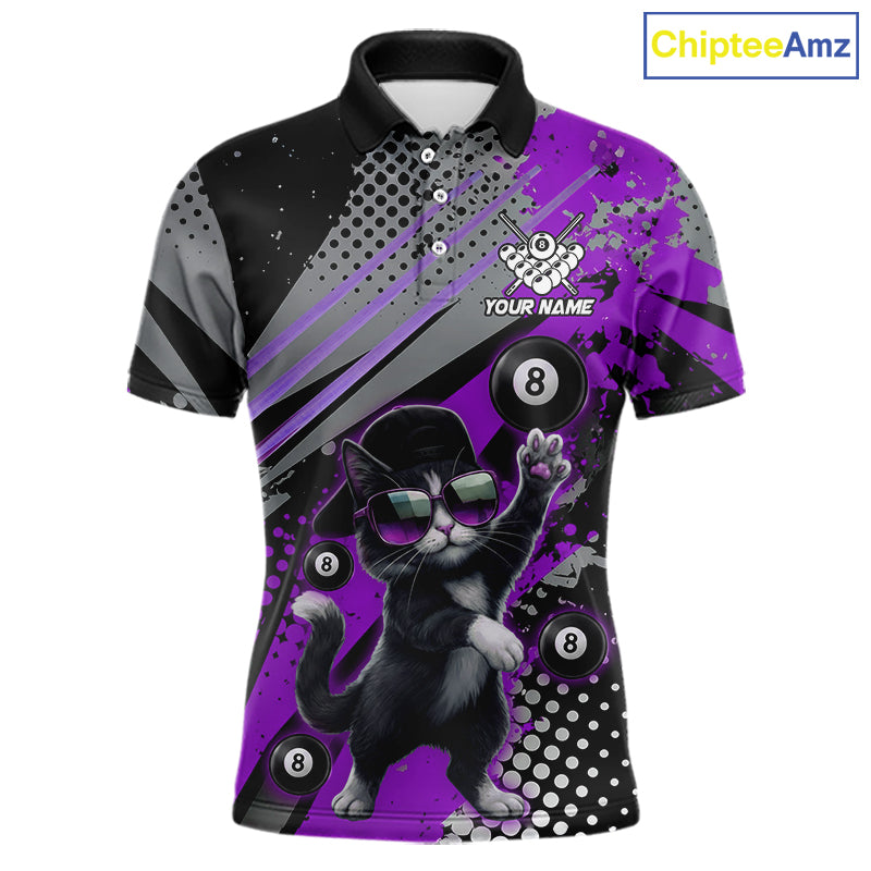 Custom Purple Funny Cat Billiard Shirt For Men, Personalized 8 Ball Pool Team Jersey Polo & 1/4 Zip TDM6443