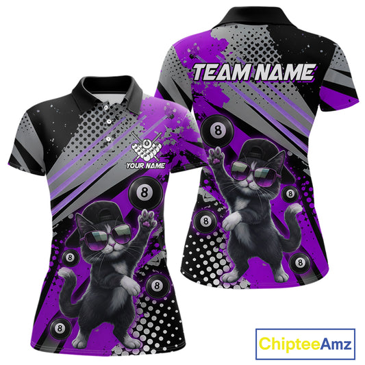 Custom Purple Funny Cat Billiard Shirt For Women, Personalized 8 Ball Pool Team Jersey Polo & 1/4 Zip TDM6443