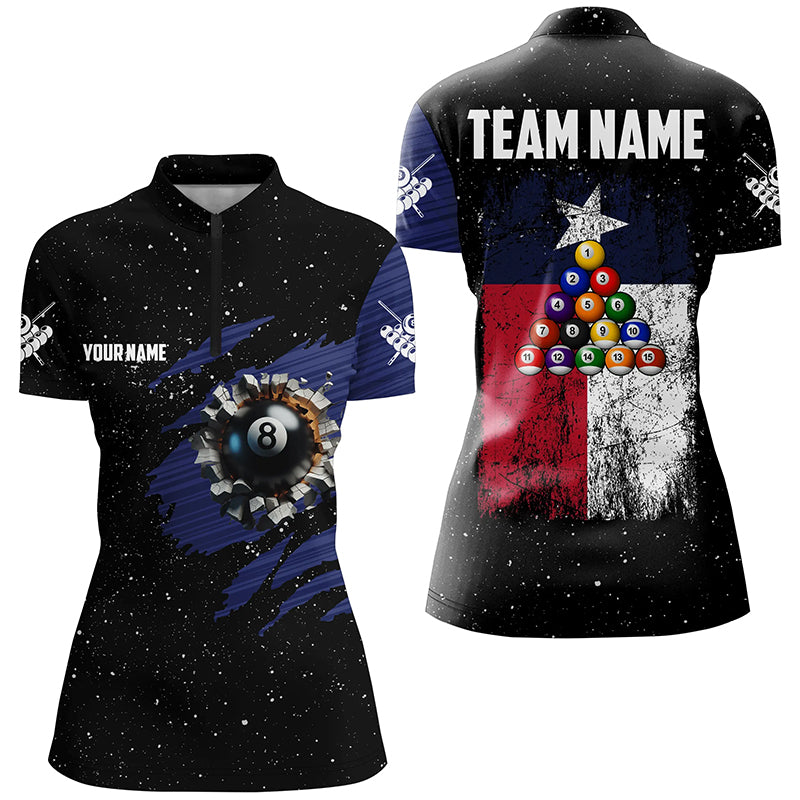 Customized Grunge Texas Flag 8 Ball Pool Women Billiard Jersey Shirts, Patriotic Pool Player Shirts TDM1714