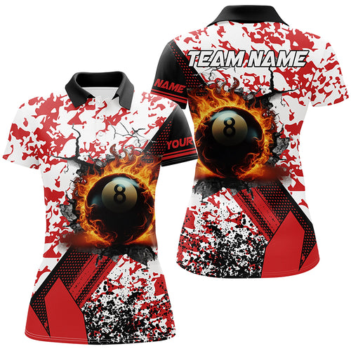 Custom 8 Ball Pool Fire Billiard Shirts For Women, Red Grunge Camo Billiard Shirts Jersey For Team TDM1717