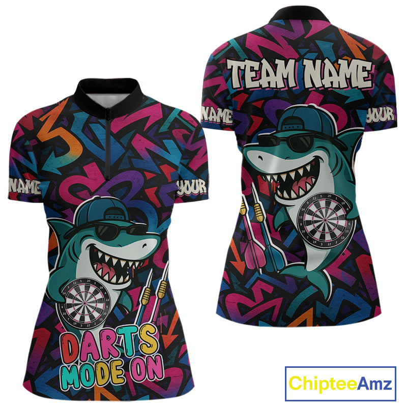 Darts Mode On Funny Shark Graffiti Style Custom Dart Shirts For Women, Dart Jersey Best Darts Outfit TDM4093