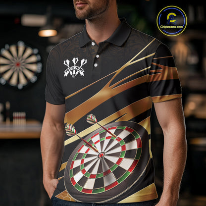 Black And Gold Dart Shirts For Men Custom 3D Dartboard Jersey, Darts Team Polo & Quarter Zip TDM4094
