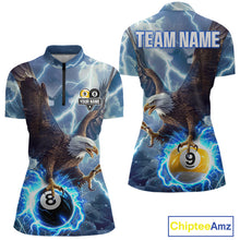Load image into Gallery viewer, Women’s blue lightning eagle billiard quarter zip shirt designed for tournaments and team play.