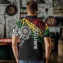 Load image into Gallery viewer, Back view of man wearing a personalized tribal darts team shirt with custom graphics.