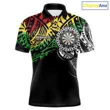 Load image into Gallery viewer, Men’s tribal pattern darts polo shirt with personalized team details for league and tournament play.