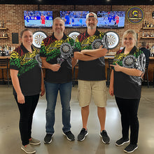 Load image into Gallery viewer, Darts team wearing matching tribal pattern jerseys together during tournament play front view.