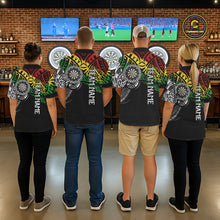 Load image into Gallery viewer, Back view of darts team wearing custom tribal darts jerseys in a game room.