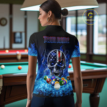 Load image into Gallery viewer, Back view of woman wearing a blue flame smoke pool team shirt in a billiards hall.