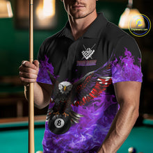 Load image into Gallery viewer, Man wearing a purple flame eagle skull billiard jersey beside a pool table front view.