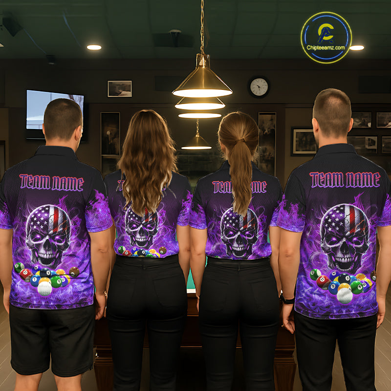 Back view of pool players wearing custom purple flame billiard shirts in a game room.
