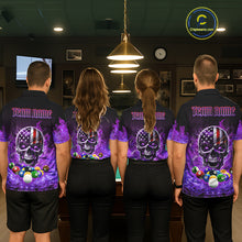 Load image into Gallery viewer, Back view of pool players wearing custom purple flame billiard shirts in a game room.