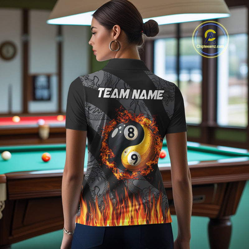 Personalized Flame Ying And Yang 8 Ball & 9 Ball Billiard Shirt For Women, Funny Pool Team Jerseys TDM4278