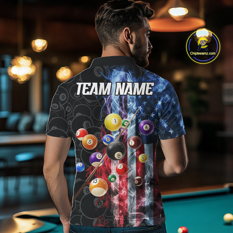 Back view of man wearing a smoke American flag 8 ball pool team jersey.