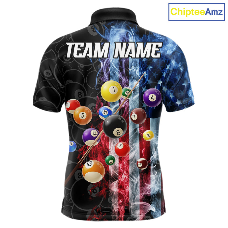 Patriotic smoke American flag 8 ball custom billiard polo shirt for men with USA graphics.