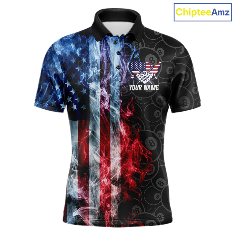 Smoke American flag 8 ball billiard polo shirt for men, custom patriotic pool team jersey.